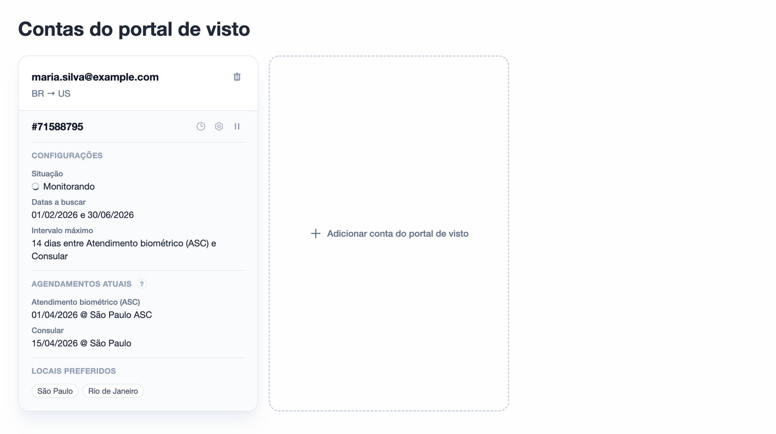 Panel con tarjetas de cuentas y estado de monitoreo