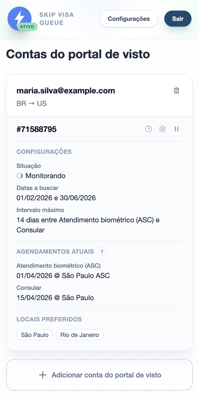 Panel con tarjetas de cuentas y estado de monitoreo